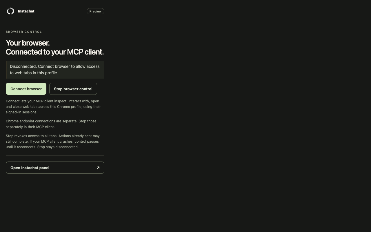 The Instachat Browser popup with Connect browser and Stop browser control