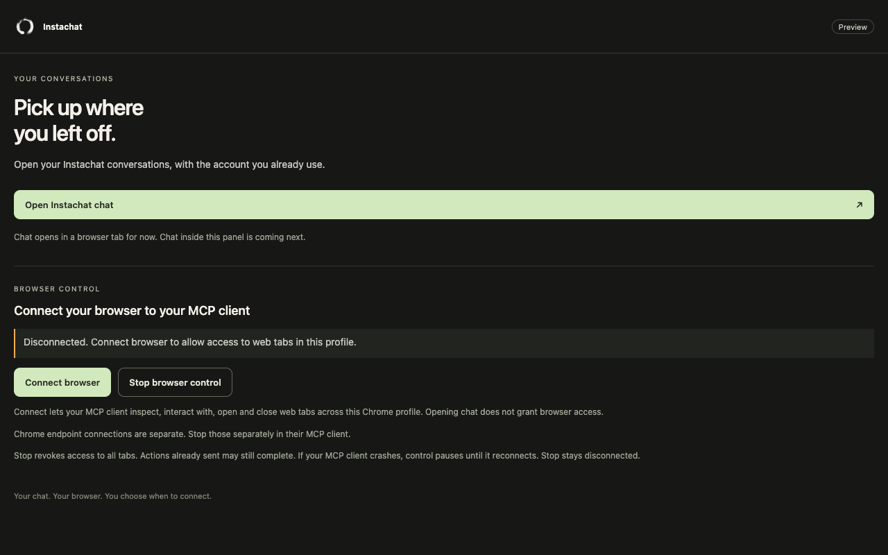 The Instachat Browser side panel with browser controls